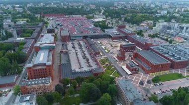 Aerial view of the Manufaktura Shopping Center in Lodz. Great Polish footage. High quality 4k footage
