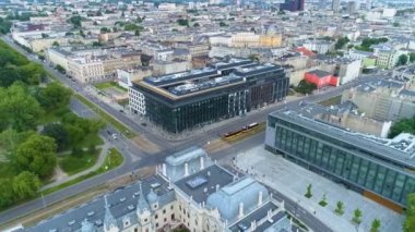 Aerial view of the intersection near Freedom Square in Lodz. High quality 4k footage