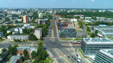 Aerial view of the Marszakowskie intersection in Lodz. Heavy traffic. High quality 4k footage