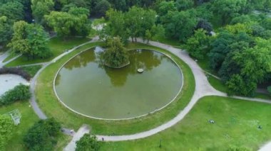 Aerial view of the fountain in the Staromiejski Park in Lodz. Great Polish footage. High quality 4k footage
