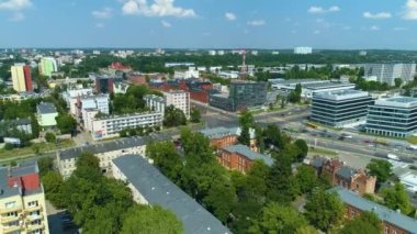 Aerial view of the Marszakowskie intersection in Lodz. Heavy traffic. High quality 4k footage