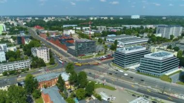 Aerial view of the Marszakowskie intersection in Lodz. Heavy traffic. High quality 4k footage