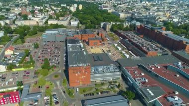 Aerial view of the Manufaktura Shopping Center in Lodz. Great Polish footage. High quality 4k footage