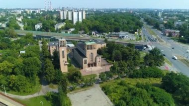 Aerial view of the Church of Francis of Assisi in Lodz. High quality 4k footage