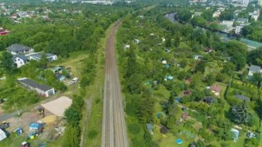 Aerial view of the train entering Lodz. Wonderful view. High quality 4k footage