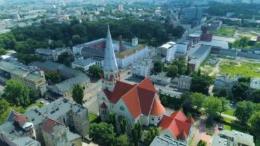 Aerial view of the Evangelical Church in Lodz. High quality 4k footage