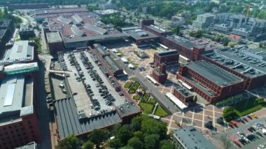 Aerial view of the Manufaktura Shopping Center in Lodz. Great Polish footage. High quality 4k footage