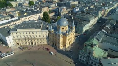 Aerial view of the Church on Freedom Square in Lodz. High quality 4k footage