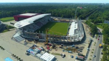 Aerial view of the LKS Lodz Stadium. High quality 4k footage