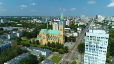 Aerial view of the Cathedral Basilica in Lodz. Beautiful surroundings. High quality 4k footage