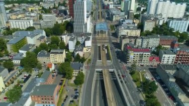 Aerial view of the Stajnia Jednorozcow tram station in Lodz. High quality 4k footage