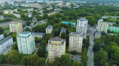 Aerial view of the outdoor swimming pool in Lodz. Beautiful Polish footage. High quality 4k footage