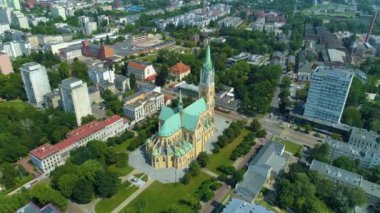 Aerial view of the Cathedral Basilica in Lodz. Beautiful surroundings. High quality 4k footage