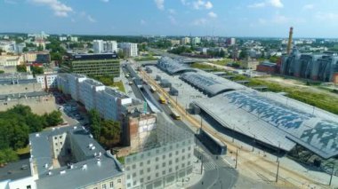 Aerial View Of Lodz Fabryczna Railway Station. High quality 4k footage