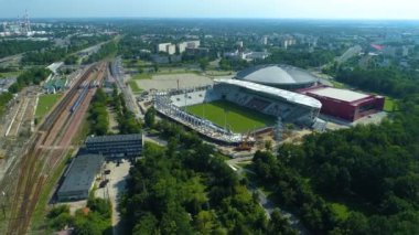Aerial view of the LKS Lodz Stadium. High quality 4k footage