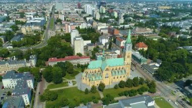 Aerial view of the Cathedral Basilica in Lodz. Beautiful surroundings. High quality 4k footage