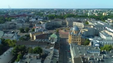 Aerial view of Freedom Square in Lodz. Great Polish footage. High quality 4k footage
