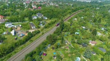 Aerial view of the train entering Lodz. Wonderful view. High quality 4k footage