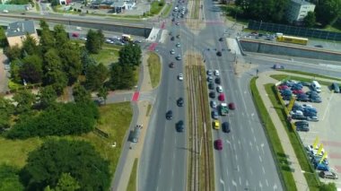 Aerial View Of An Intersection In Lodz. Road to Pabianice. High quality 4k footage