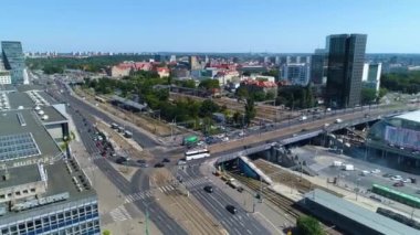 Aerial view of the railway station bridge in Poznan. Summer footage. High quality 4k footage