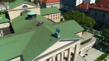 Aerial view of the Grand Theater in Poznan. Pegasus on the roof. High quality 4k footage