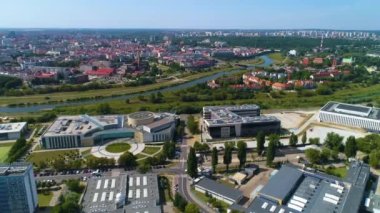 Aerial view of the Lecture Center of the Poznan University of Technology. High quality 4k footage