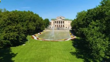 Hyperlapse aerial view of the fountain in Mickiewicz Park in Poznan. High quality 4k footage