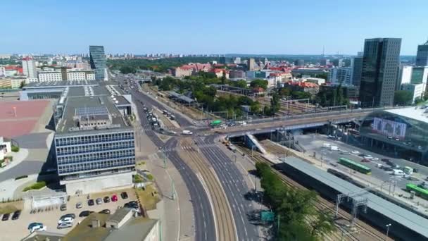 Aerial View Railway Station Bridge Poznan Summer Footage High Quality — 图库视频影像