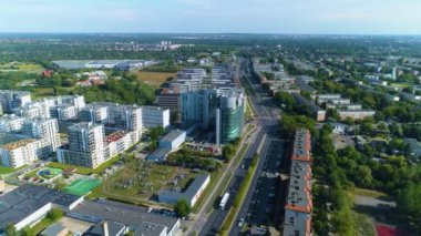 Aerial view of the residential buildings near the Poznan Stadium. High quality 4k footage