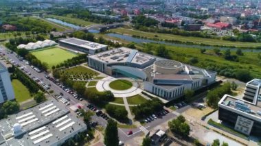 Aerial view of the Lecture Center of the Poznan University of Technology. High quality 4k footage