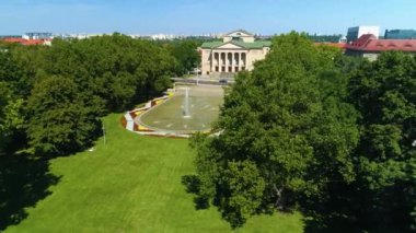 Aerial view of the fountain in Mickiewicz Park in Poznan. High quality 4k footage