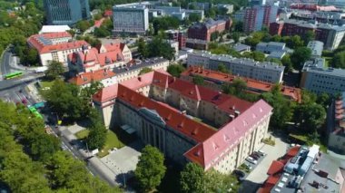 Aerial view of the Student House of the University of Poznan. High quality 4k footage