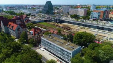 Aerial view of the tracks near the main Poznan. High quality 4k footage