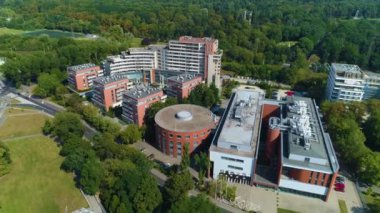 Aerial view of the Da Vinci Academic High School in Poznan. High quality 4k footage