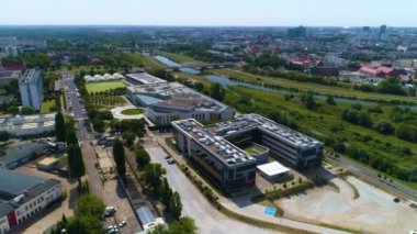 Aerial view of the Lecture Center of the Poznan University of Technology. High quality 4k footage
