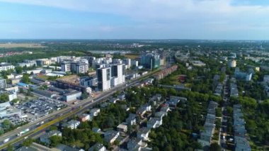 Aerial view of the residential buildings near the Poznan Stadium. High quality 4k footage
