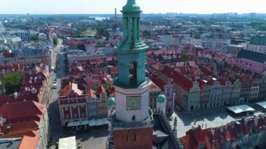 Aerial view of the old town in Poznan and the town hall tower. High quality 4k footage