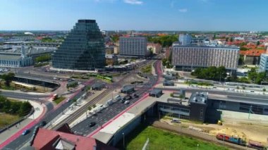 Aerial view of the railway bridge near main Poznan. High quality 4k footage