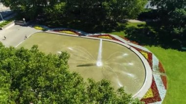 Aerial view of the fountain in Mickiewicz Park in Poznan. High quality 4k footage