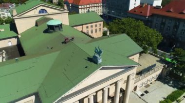 Aerial view of the Grand Theater in Poznan. Pegasus on the roof. High quality 4k footage