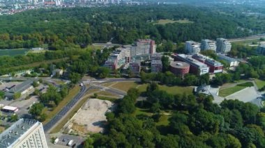 Aerial view of the Da Vinci Academic High School in Poznan. High quality 4k footage