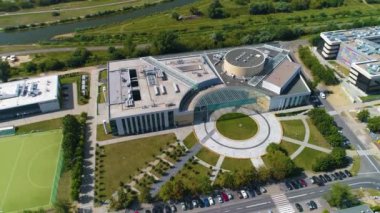 Aerial view of the Lecture Center of the Poznan University of Technology. High quality 4k footage