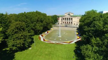 Aerial view of the fountain in Mickiewicz Park in Poznan. High quality 4k footage