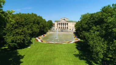 Aerial view of the fountain in Mickiewicz Park in Poznan. High quality 4k footage