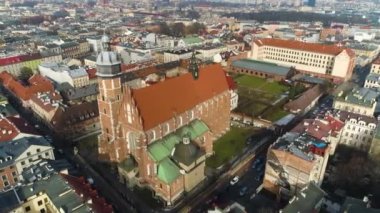 Aerial view of the Corpus Christi Basilica in Cracov. High quality 4k footage