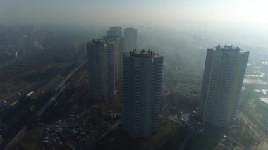 Aerial View On Fog Star Skyscrapers. Beautiful Silesian Climate. High quality 4k footage