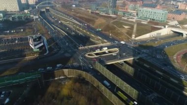 Aerial View Of The Intersection And The Entrance To Katowice. Beautiful Town landscape. High quality 4k footage