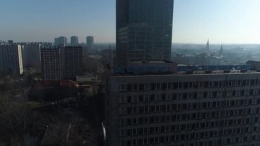 Katowice Inscription On The Top Of The Building. Aerial View Of The Town Center. High quality 4k footage