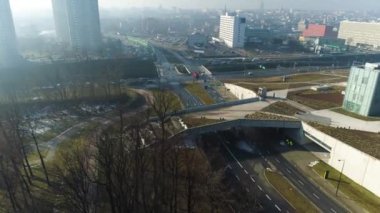 Aerial View Of The Intersection And The Entrance To Katowice. Beautiful Town landscape. High quality 4k footage