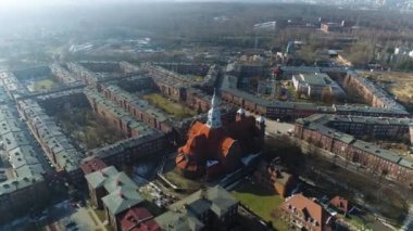 Church In The Historic Housing Estate Nikiszowiec Katowice From The Aerial View. High quality 4k footage